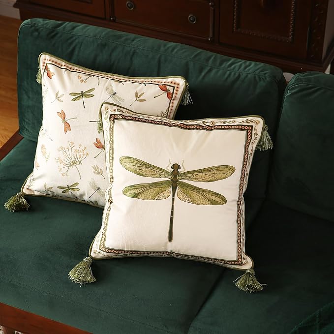 Designer French Velvet Throw Pillow Cover,18"x18" Set of 2-Grace C | Pillow Cover,Concealed Zipper Design,Dragonfly Pattern,Sofas,Bedroom,Living Room,Lounge Chairs,All Season Home Decor