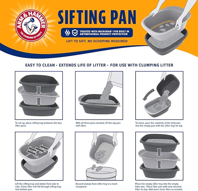 Arm & Hammer Large Sifting Litter Box Scoop Free Cat Litter Tray with Microban, Made in USA | Antimicrobial product protection, ideal for indoor felines, simple lift, shake and pour cleanup, helps keep odors in check
