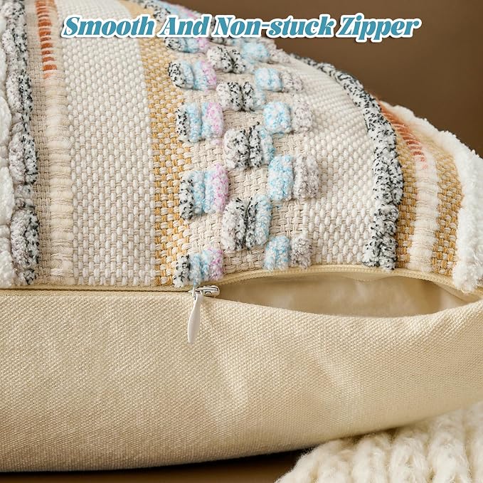 Set of 2 Chenille Striped Textured Boho Throw Pillow Covers Aesthetic with Tassels Woven Decorative Pillow Case for Couch Bed Sofa Bedroom Modern Funky 18 x 18-Inch White Multicolor