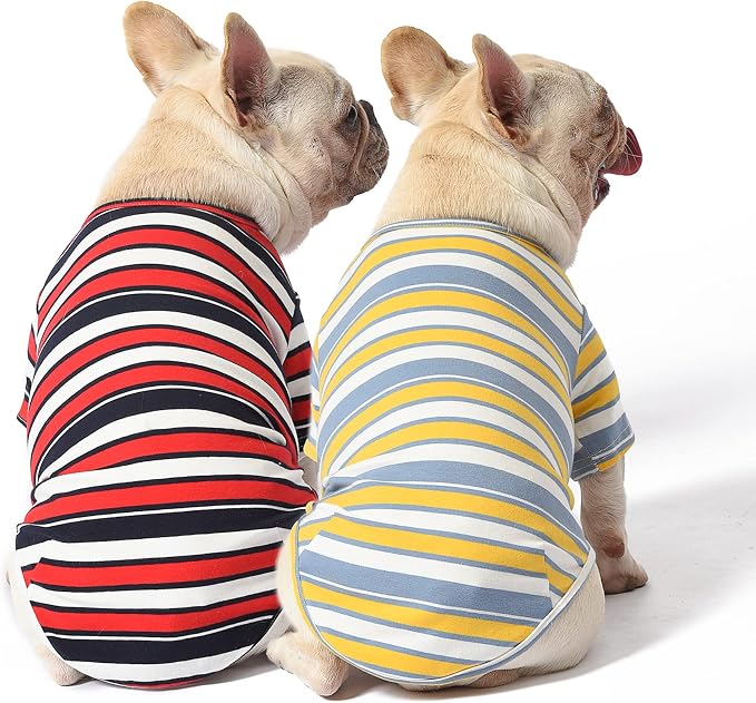 Dog Shirts Cotton Striped T-Shirt, Summer Pet Clothes for Small Dogs, 2-Pack Soft Puppy Apparel Cat Tee, Breathable Stretchy, Red Yellow L