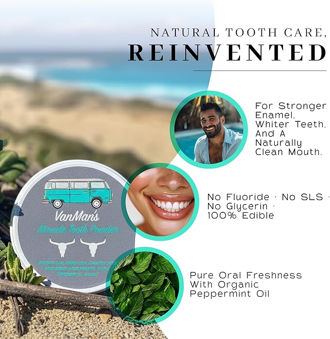 Vanman’s - Tiny Mint and Bone Tooth Powder Toothpaste - Flouride-Free Whitening Tooth Powder with Cattle Bone Derived Hydroxyapatite, Bentonite Clay, Peppermint Oil - Remineralizing - 0.25 oz