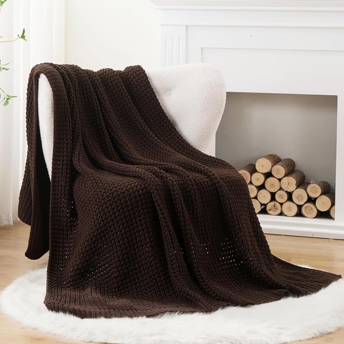 Brown Throw Blanket for Couch, Soft Chenille Knit Throw Blanket 50x60in | Chunky Waffle Knitted Blanket, Chocolate Brown Cable Knit Throw for Bed Sofa Living Room, Lightweight Warm Decorative Blanket