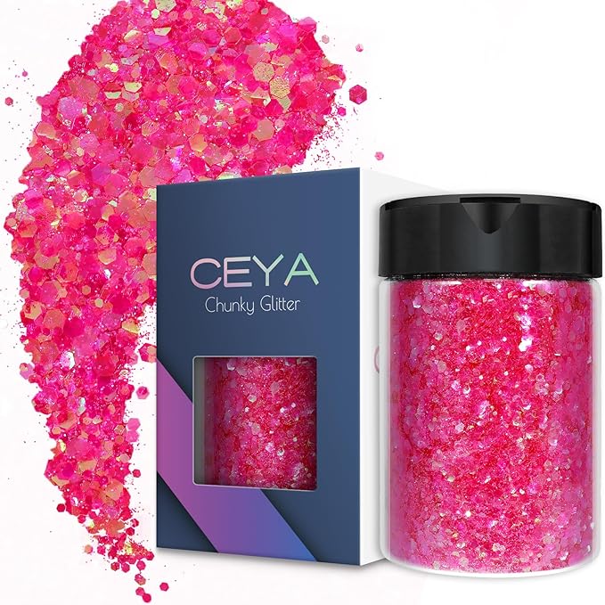 Ceya Chunky Glitter, 4.9oz/ 140g Vibrant Pink Craft Glitter Powder Mixed Fine Flakes Halloween Glitter Sequins for Pink Bat, Glass Houses, Nail Art, Hair, Epoxy Resin, Tumbler, Slime, Festival Decor