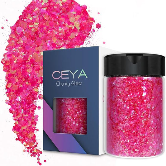 Ceya Chunky Glitter, 4.9oz/ 140g Vibrant Pink Craft Glitter Powder Mixed Fine Flakes Halloween Glitter Sequins for Pink Bat, Glass Houses, Nail Art, Hair, Epoxy Resin, Tumbler, Slime, Festival Decor