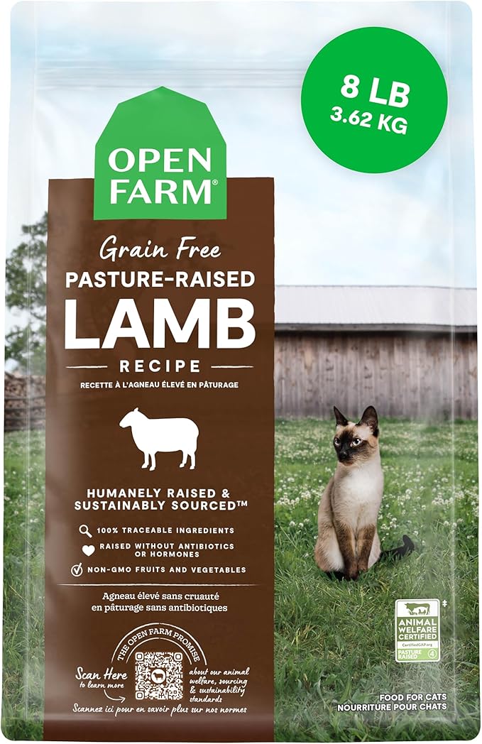 Open Farm, Grain Free Dry Cat Food, High-Protein Kibble for a Complete & Balanced Diet, Non-GMO Fruits & Vegetables, Prebiotic Fibers to Support Digestion, Pasture-Raised Lamb Recipe, 8lb Bag | All Life Stages, High Protein, Prebiotic Fibers, 100% Trac...