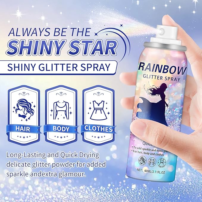 AWCCXMYM Body Glitter Spray Temporary Sparkle Glitter Spray for Hair and Body Long-Lasting and Quick-Drying Shiny Hairspray for Christmas Festival Concert Party Rave Accessories 2.11 Fl Oz
