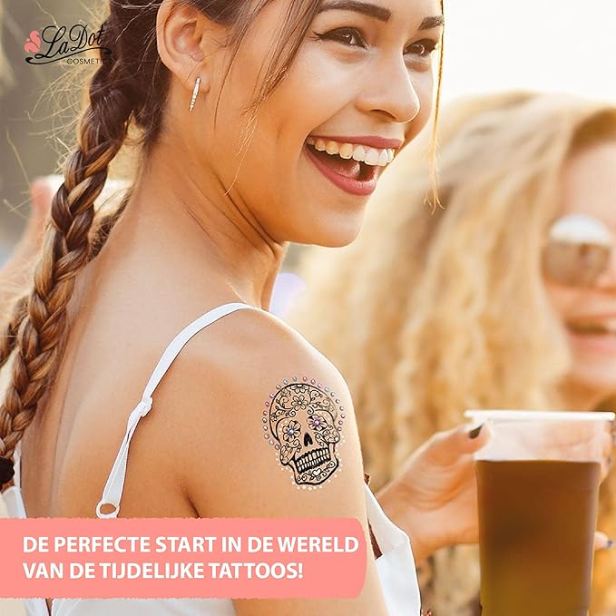 LaDot Temporary Tattoo Stamp– Easy-to-Use Reusable Ceramic Skin Stamp for Creating Custom Temporary Tattoos – Fun Body Art Tool for Parties, Events, and Festivals (Sugar Skull, Medium)