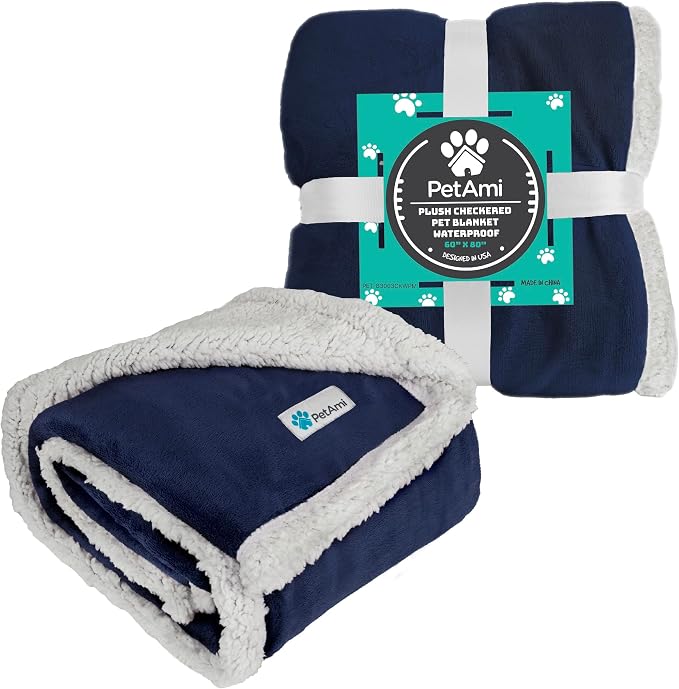PetAmi Waterproof Dog Blanket for Small Dog Puppy Cat, 29x40, Blue | 460 GSM Sherpa Fleece Reversible, Pee Proof Pet Blanket, Furniture Protector Cover for Couch Sofa Kennel, Washable