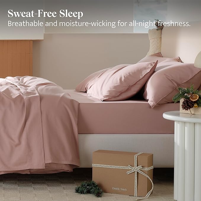 Double Stitch Cotton Tencel Sheet - Bed Sheets Set Queen Size, 4Pc Luxury Hotel Bedding Set, Soft, Cooling & Breathable for Hot Sleepers, Deep Pocket Up to 16 Inches, Dusty Mauve