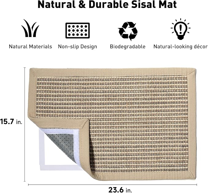 FUKUMARU Cat Scratcher Mat, 23.6 X 15.7 Inch Natural Sisal Cat Scratch Mat | Horizontal Cat Scratching Pad Mat Floor Rug with Sticky Tapes, Cat Wall Scratcher for Indoor Cats, Protect Carpet, Thicken
