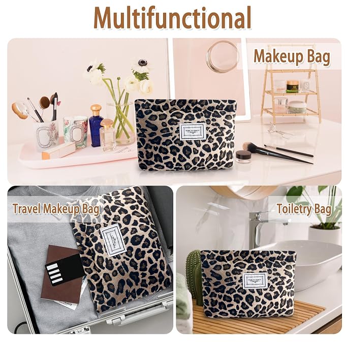 ZLFSRQ Leopard Makeup Bag Cute Cosmetic Bags for Women Cheetah Makeup Bag Canvas Large Capacity Travel Toiletry Bags Aesthetic Cosmetic Pouch for Purse Portable Zipper Skincare Storage Organizer