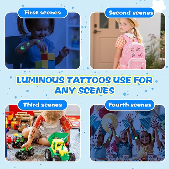 300pcs (30 Sheets) Glow-in-the-Dark Temporary Tattoos for Kids - Unicorn, Dinosaur, Mermaid, Fairy, Animals ＆ Butterfly - Temporary Tattoos for Boy ＆ Girls, Party Favors