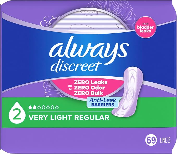 Always Discreet Incontinence Panty Liners for Women with Bladder Leaks, Size 2, Very Light Absorbency, Up to 100% Bladder Leak Protection 69 CT