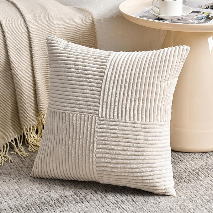 Fancy Homi Set of 1 Cream Square Decorative Throw Pillow Covers 14x14 Inch for Living Room Bedroom Couch Bed Sofa, Soft Striped Corduroy Modern Rectangle Accent Cushion Case 35x35 cm