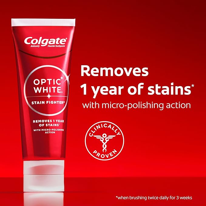 Colgate Optic White Stain Fighter Clean Mint Paste Teeth Whitening Toothpaste, 4 Pack, Anticavity Toothpaste with Fluoride, Enamel Safe Teeth Stain Remover, 3.8 OZ