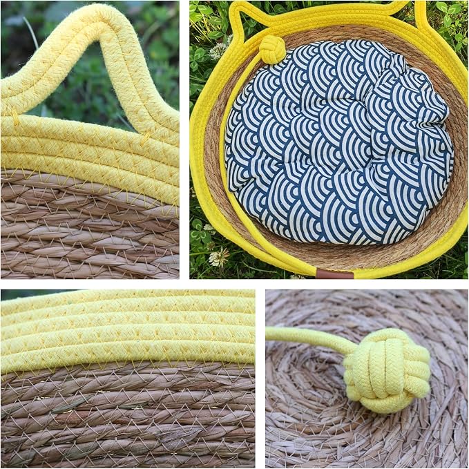 VIVIKIT Natural Cattail Cat Bed for Indoor Cats, 18.1" x 4.7"（Yellow） | Natural cattail, cotton trim, all season, scratch-proof, teaser ball, removable washable pad, for cats & dogs up to 22 lbs