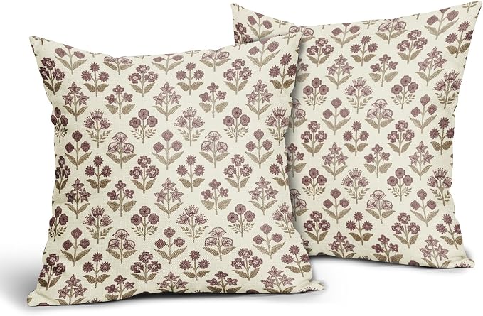 Brown Burgundy Red Floral Pillow Covers 22x22 Inch Set of 2, Vintage Flower Block Print Pattern Decorative Throw Pillowcases Outdoor Farmhouse Cushion Covers Spring Summer Rustic Sofa Couch Bed Decor