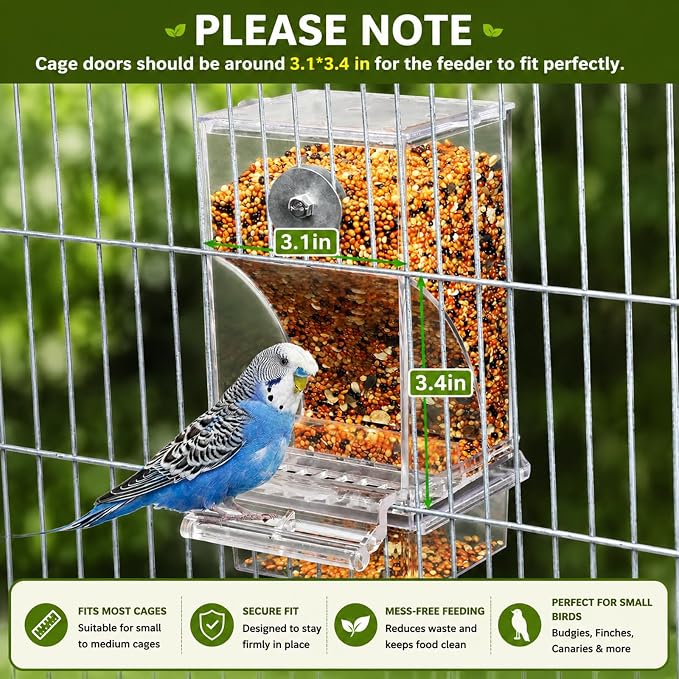 Rypet No-Mess Automatic Bird Feeder, Parakeet Cage Accessories | Transparent Acrylic Food Level Check, Helps Reduce Seed Scatter, for Small Birds Cockatiel Parrot Canary