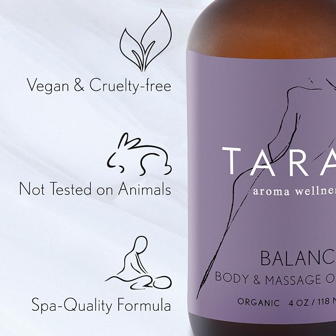 TARA Spa Therapy Balance Massage Oil – Premium Organic Oil for Relaxation & Stress Relief, 100% Pure Essential Oils, Ylang Ylang, Orange & Vetiver, 4 oz