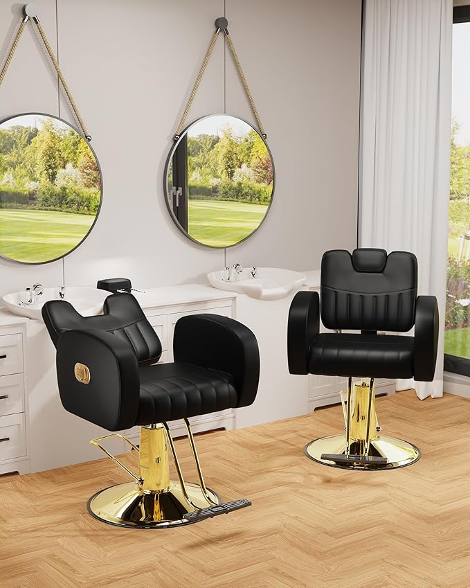 Baasha Black & Gold Reclining Salon Chair - All Purpose Hydraulic Barber Chair with Removable Headrest - Comfortable Styling Chair for Makeup, Lash, Tattoo, Braiding & Shaving, 440 lbs Cap.