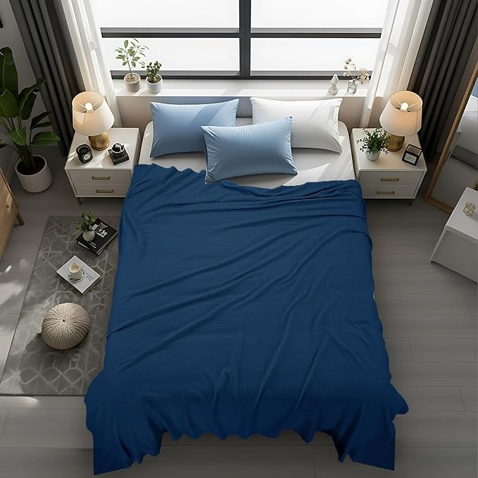 Utopia Bedding Cotton Blend Navy Waffle Blanket King - 90x104 Inches | Lightweight, Skin Friendly, Breathable, All Season, Luxury, Bed, Couch, Sofa