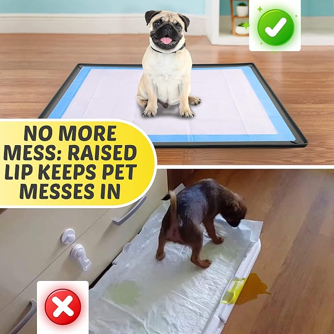Dog Pee Pad Holder Tray Fits for 30” x 36” Pee Pads - 2 Pack - Grey | Corner Lock Holes, Raised Edges, Non-Spill, Easy to Clean Silicone Dog Potty Tray Holder, For Indoor Floor Protection