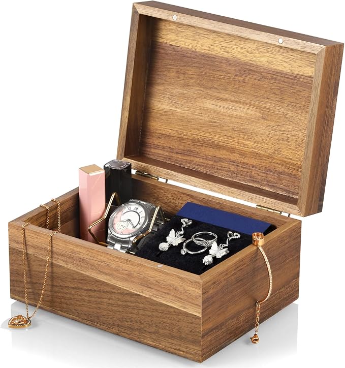 DRASTAR Keepsake Box, Acacia Wood Memory Box with Hinged Lids, Wooden Jewelry Box, Small Storage Box,3x5, 4x6 Decorative Card Box, Bridal Shower Gifts
