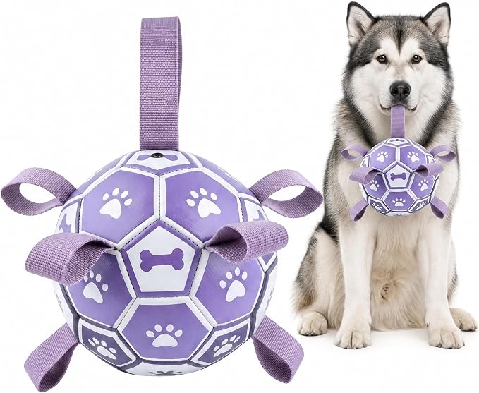 Dog Toys Balls, Dog Soccer Ball with Straps, Dog Birthday Gifts, Durable Balls for Small Medium Pet, Puppy Outdoor Toy, Pet Training Soccer Ball, World Cup Soccer (7.25 Inch) (Purple, Large)