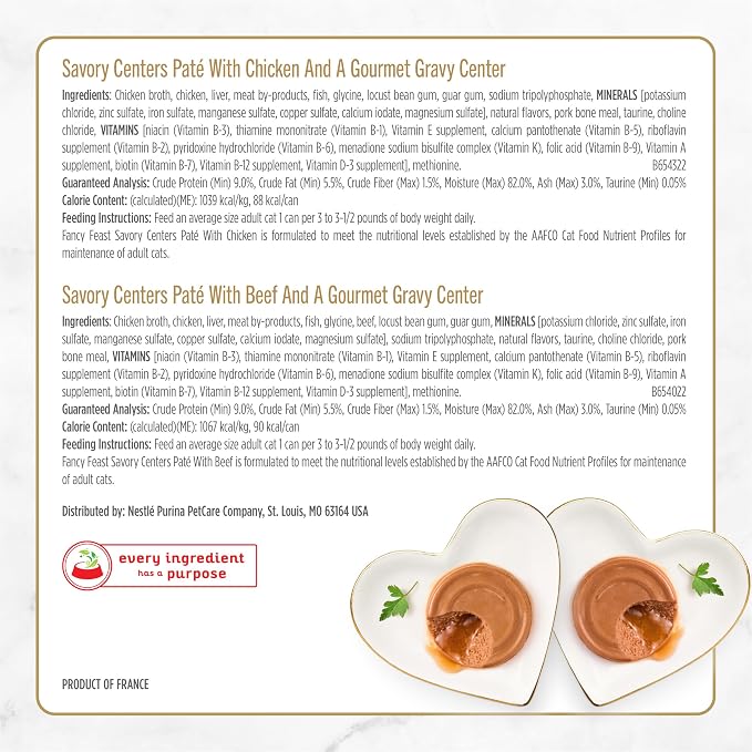 Fancy Feast Purina Savory Centers Wet Cat Food, 3 oz. Cans, 24-Pack | Variety pack with chicken, salmon, beef and tuna pate recipes, 100 percent complete and balanced nutrition