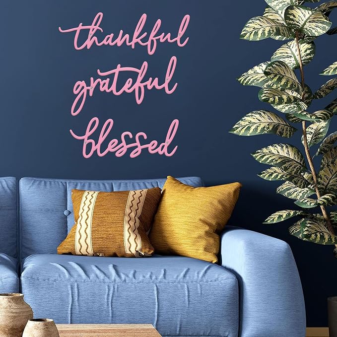 Thankful Grateful Blessed Letter Sign Metal Wall Decor, 3 Pieces Pink Letters Wall Art for Bathroom Bedroom Metal Words Wall Decor for Home Decor (Pink)