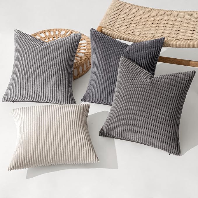 MIULEE Soft Corduroy Decorative Throw Pillow Covers Neutral Grey 18x18 | Set of 4, Mordern Minimalist Decor, Layered Gray Collection, Boho Farmhouse Cushion Covers for Couch Bed Sofa Living Room