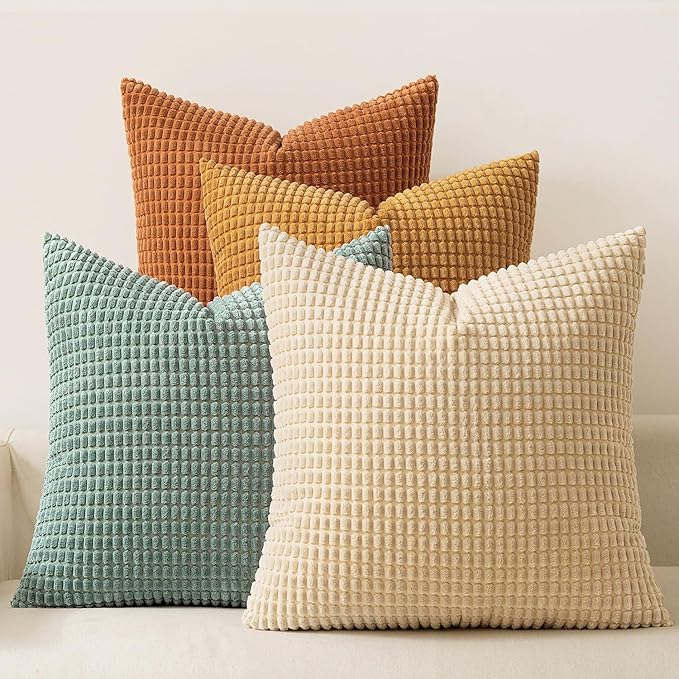 MIULEE Boho Decorative Pillow Covers 16x16 Inch Set of 4 Orange/Teal | Rustic Modern Fall Home Decor, Couch Throw Pillows, Autumn Corduroy Pillowcases for Sofa Living Room Bed