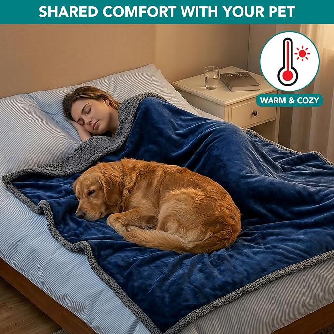 PetAmi Waterproof Dog Blanket for Large Dog Cat Pet, 60x80, Blue Grey | 460 GSM Sherpa Fleece Reversible, Pee Proof, Furniture Protector Cover for Couch Sofa Bed Kennel, Washable, Extra Large