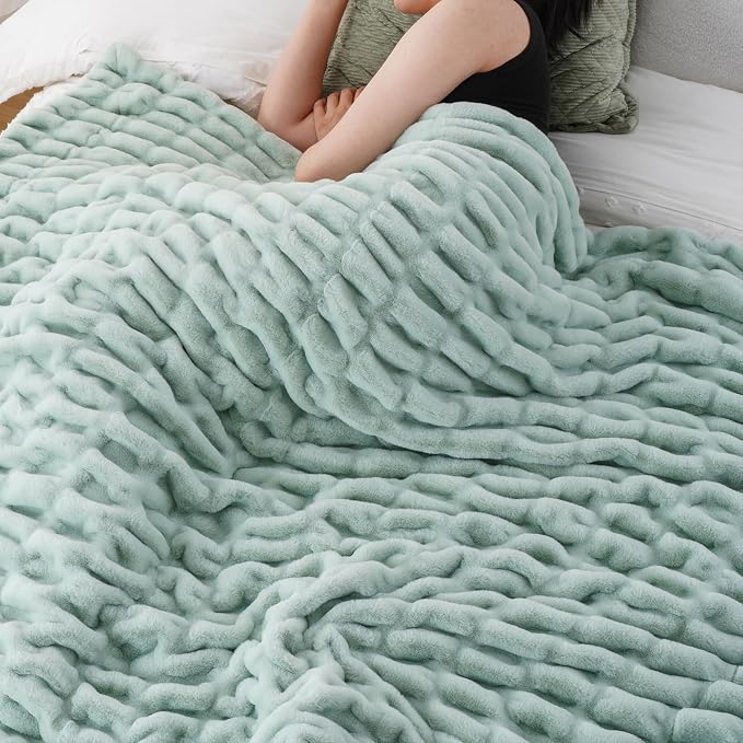 BATTILO Faux Fur Throw Blanket for Couch, 50"x60", Double Side, Sage Green