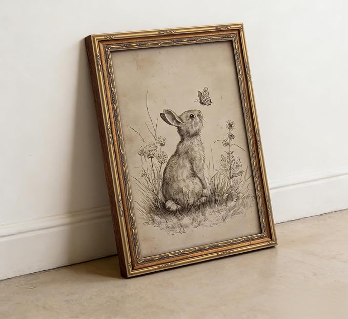 Vintage Gold Framed Bunny Easter Wall Art Rabbit and Butterfly Painting Canvas Prints Country Botanical Wildflowers Sketch Picture Rustic Farmhouse Poster Artwork for Living Room Bedroom Bathroom
