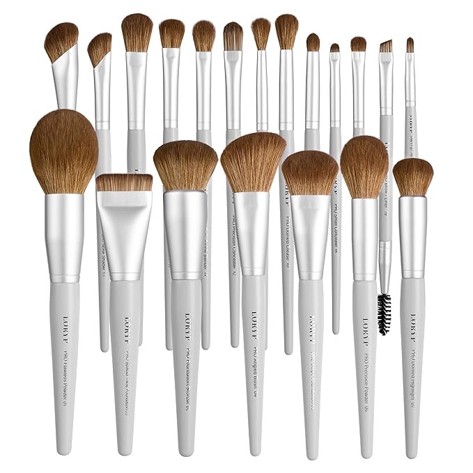 LORYP Makeup Brush Set Soft Vegan Professional Cosmetic Brushes for Face & Eyes Gray 20 Pcs Full-Size