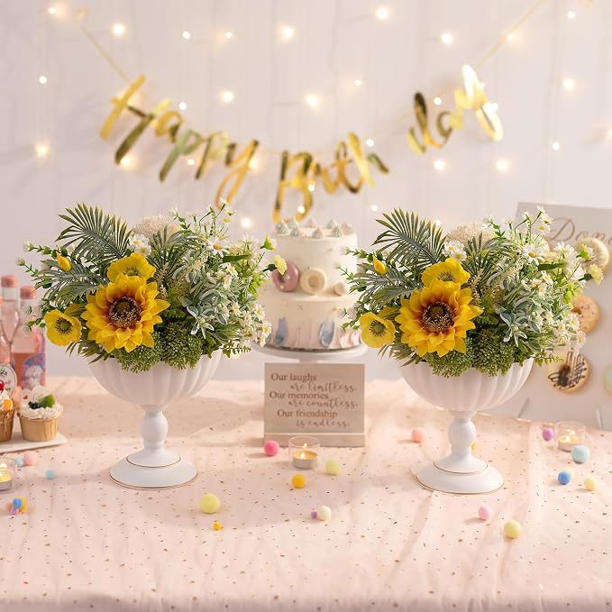 Sziqiqi White Urn Vase for Centrepieces, Wedding Compote Vase, 2Pcs | 7.9in Tall Metal Flower Arrangements, Vase for Centrepieces Floral Planter, Decorative Footed Bowl, For Party, Event