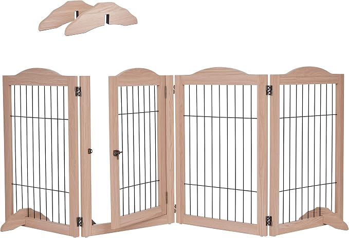 Arf Pets Dog Gate with Walk Through Door, 4 Panel 360° configurable Freestanding Wooden Wire Fence, 80" Wide, 31.5" Tall, Foldable, Support Feet Included, for The House - Indoor Use