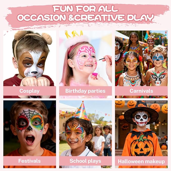 42 Color Kids Face Paint Kit - Non-Toxic, Water-Based Palette with Stencils, Brushes, Gems & Glitter for Halloween, Carnival, Costume Parties & Creative Activities