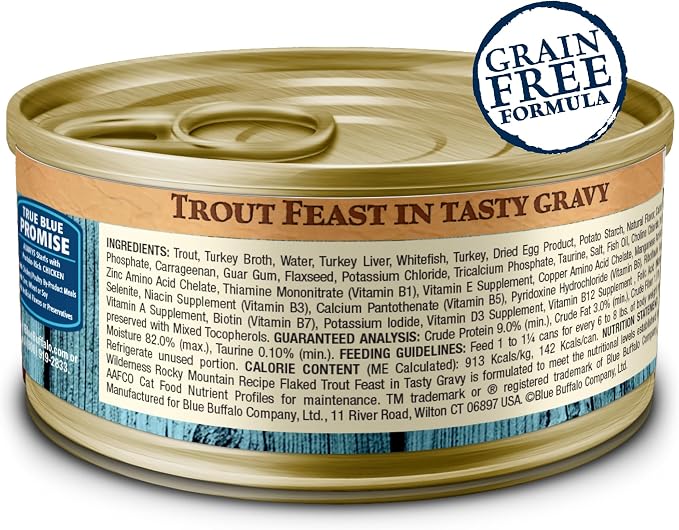 Blue Buffalo Wilderness Rocky Mountain Recipe Wet Cat Food Flakes (24 Pack) | Flaked Trout in Tasty Gravy, Grain-Free & Chicken-Free, High Protein, Made with Natural Ingredients, 5.5-oz. Cans
