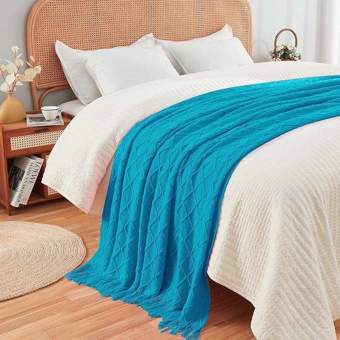 inhand Teal Knitted Throw Blanket for Couch and Bed, 50"x60" | Soft Living Room Home Decor Knitted Blanket, Tassel, Outdoor Lightweight Breathable Summer, Farmhouse Warm Woven Decorative