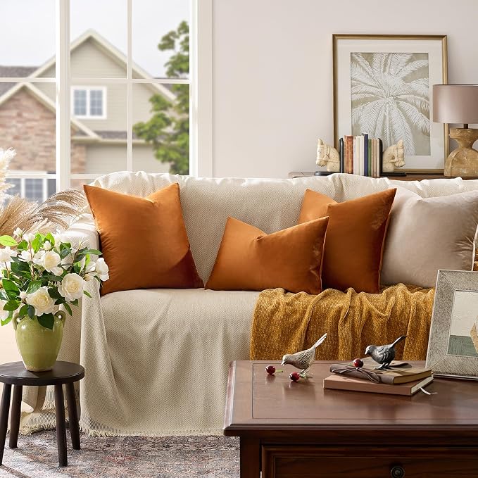 GIGIZAZA Burnt Orange Velvet Throw Pillow Covers 22x22 Pack of 2 | Decorative Pillows for Couch Sofa,280gsm Soft Textured Fabric,Modern Square Pillowcases,Luxury Cushion Covers