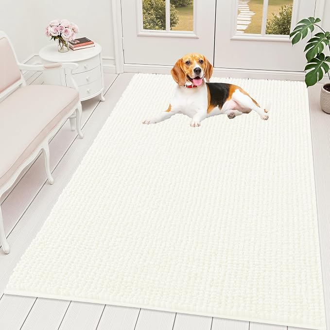 OLANLY Dog Door Mat for Muddy Paws 59x35, Extra Absorbent Chenille Mud Mat | Ivory, Absorbs Moisture and Dirt, Non-Slip Machine Washable Doormat, Quick-Drying Indoor Entryway Floor Mat for Dogs