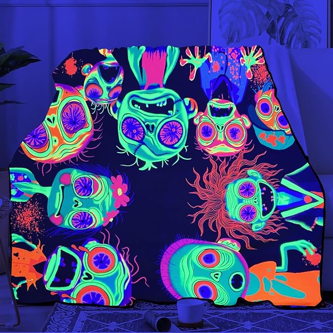 Blacklight Horror Scary Throw Blankets UV Reactive Funny Zombie Throw Blanket Glow in the Dark Under Black Lights Game Room Decor Soft Throw Gifts 59x51 Inches