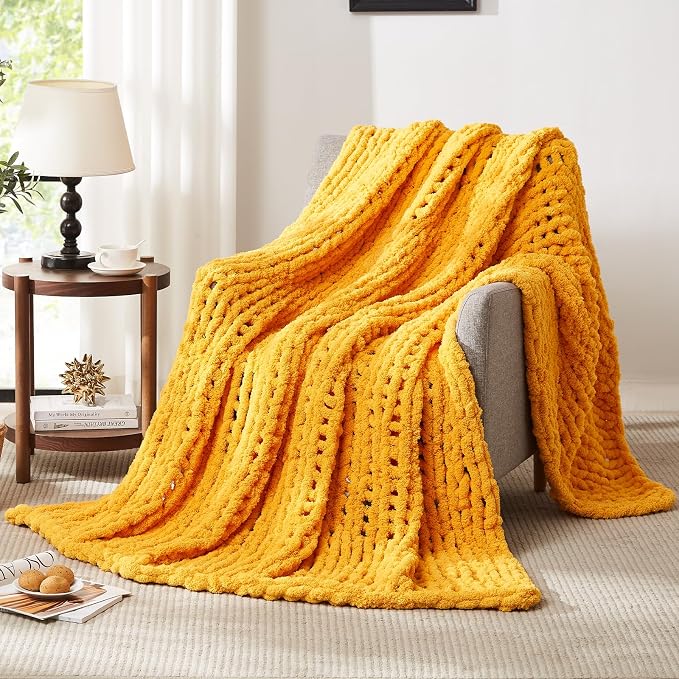 L'AGRATY Chunky Knit Throw Blanket for Couch, 72 x 84 Inches Mustard Yellow | Handmade Chenille Crochet Blanket for Sofa Bed, Thick Cable Knitted Blankets for Room Home Decor, Birthday Gift for Women Mom