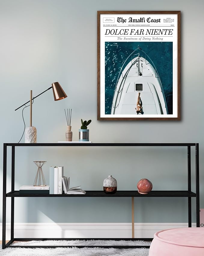 EcoHest 12x16 in Dolce Far Niente Newspaper Framed Wall Art | Walnut Color Solid Oak Frame, Canvas Wall Art, Italian Summer Newspaper Decor for Living Room, Bedroom, Apartment, Dorm,1Pack