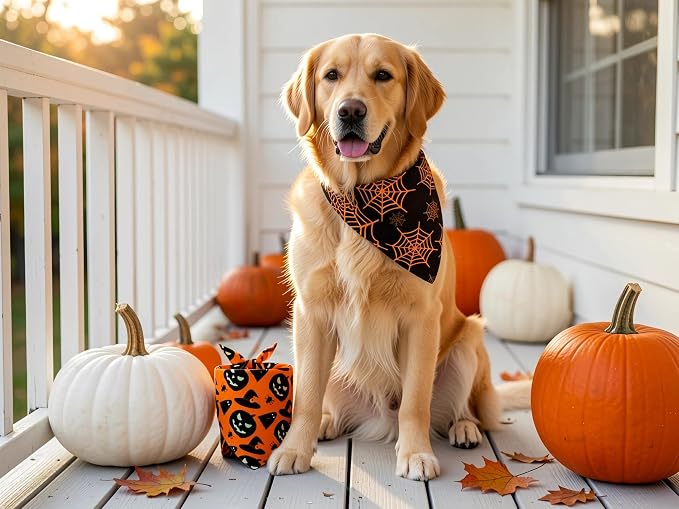 Fall Dog Bandanas 2PCS Halloween Pumpkin Spider Web XLarge Dogs | Reversible dog bandanas for fall & Halloween & Thanksgiving. Orange plaid/pumpkin/Spider Web design. Fits extra large dog