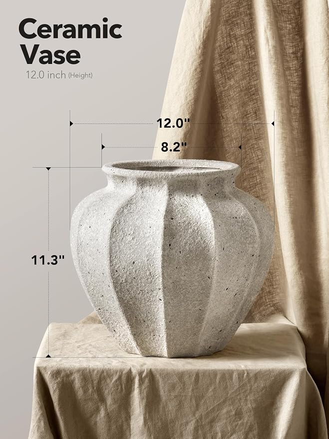 LE TAUCI 11.3" Ceramic Vase, Artisan Large White Ceramic Vase for Modern Farmhouse Home Decor, Substantial & Stable Flower Vase, Living Room & Dining Room Table Centerpiece, Weathered White