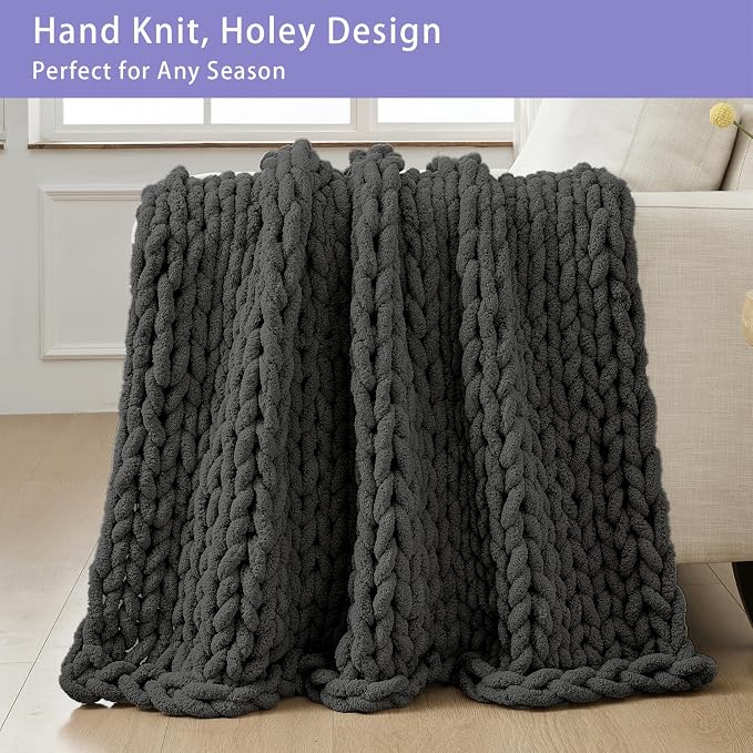 Bigacogo Chunky Knit Throw Blanket for Couch, 40x80 inches, Dark Grey | Hand Knit with Jumbo Chenille, Soft Breathable Cable Knit for Sofa Bed Living Room, Machine Washable, Gift for Mom Friend