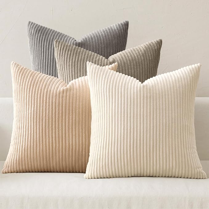 MIULEE Soft Corduroy Decorative Throw Pillow Covers Neutral Cream 18x18 | Set of 4, Mordern Nordic Home Decor, Cozy Cream Collection, Boho Farmhouse Cushion Covers for Couch Bed Sofa Living Room
